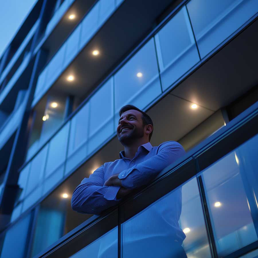 Happy man in a balcony